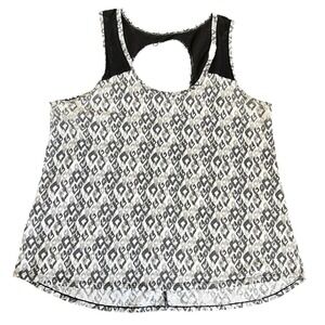 Half Moon Womens Grey Geometric Diamond Print Mesh‎ Back Keyhole Tank Top Size L